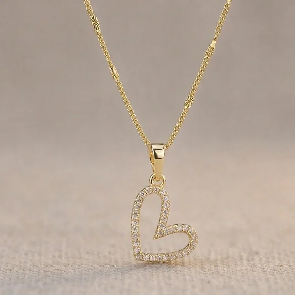 14K Gold Plated Asymmetric Heart Pendant Necklace w/ CZ Stones | Dainty Jewelry - Picture 3 of 14